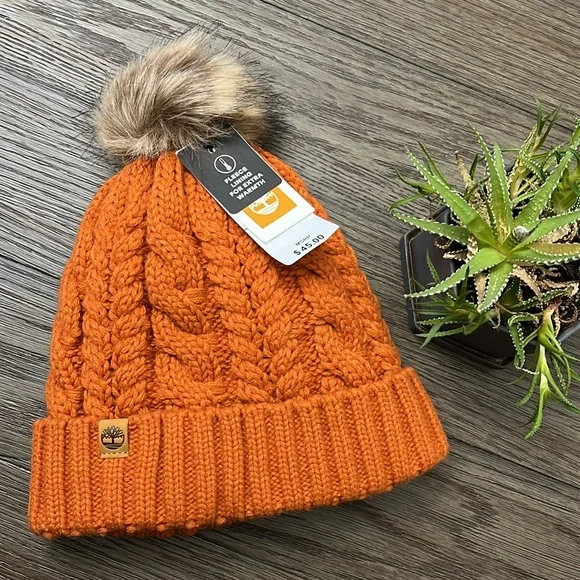 Rare Rust Timberland Auburn Woods Cable Knits Beanie with POM POM Orange Color - Picture 3 of 13